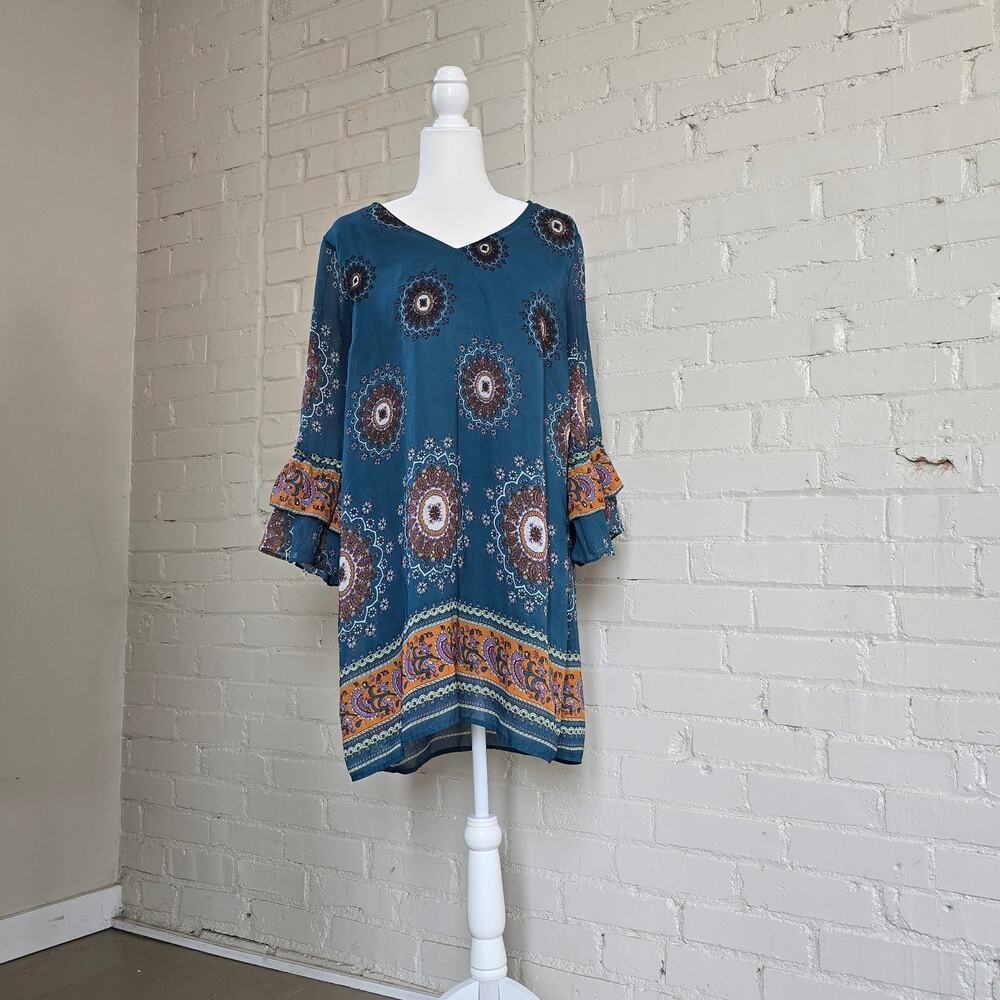 Umgee XL Boho Teal Tunic Dress┃ Floral Mandala ┃ Tiered Bell Sleeve ┃Whimsigoth